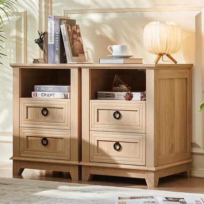Joaxswe 18" Farmhouse Night Stand with Charging Station, 2 Drawers Bedside End Table, Natural Wooden Nightstand, Bed Side Table Cabinet with Open Shelf for Bedroom Living Room Office