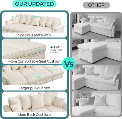 LINSY HOME Oversized Sectional Sleeper Sofa with Pull Out Couch Bed (Beige, 118.5'') | USB Charging