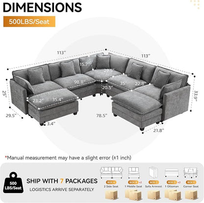 113'' V Shaped Cloud Sectional Sofa, Oversized Deep Seat Couches for Living Room, Chenille Comfy Upholstered Modular Sectional Sofa Couch with 2 Movable Ottoman, Grey