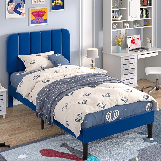 VECELO Twin Size Bed Frame with Upholstered Headboard, Velvet Platform Bedframe Mattress Foundation, Strong Wood Slat Support, No Box Spring Needed,Blue