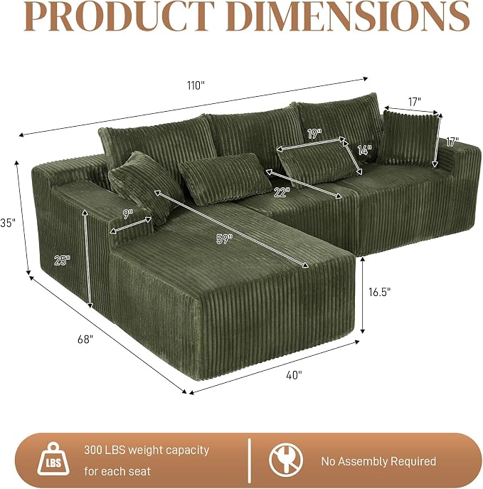 110" L Shaped Cloud Boneless Sectional Couches for Living Room, Modern Comfy Modular Deep Seat Memory Foam Compressed Corduroy Sofa Oversized Left Facing Chaise, No Assembly Required, Green