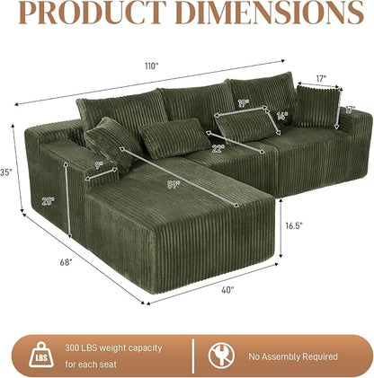 110" L Shaped Cloud Boneless Sectional Couches for Living Room, Modern Comfy Modular Deep Seat Memory Foam Compressed Corduroy Sofa Oversized Left Facing Chaise, No Assembly Required, Green