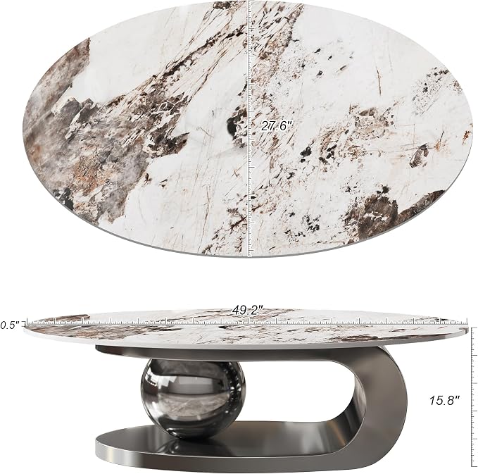 49.2" Modern Oval Marble Coffee Table – Gray Stainless Steel Base, Scratch-Resistant, Easy Assembly