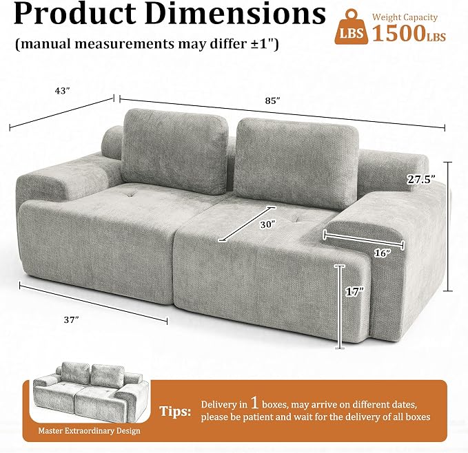 85" Oversized Boneless Couch, Comfort Cloud Sectional Couches for Living Room, Modular Sofa High Back & Extra Deep Seat, No Assembly, Soft Chenille Fabric (Light Grey, 85 inch- Shaped（2+0）)