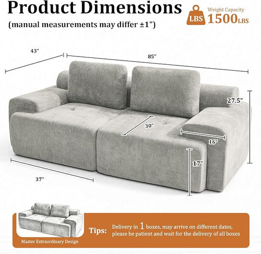 85" Oversized Boneless Couch, Comfort Cloud Sectional Couches for Living Room, Modular Sofa High Back & Extra Deep Seat, No Assembly, Soft Chenille Fabric (Light Grey, 85 inch- Shaped（2+0）)