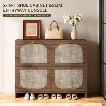 Nicetree Freestanding Ultra Slim Arched Accent Entryway Shoe Storage - 4 Flip Drawers & 3-Tier Adjustable Shelves, Modern Slim Shoe Cabinet for Hallway, Foyer (flip Down Shoe Cabinet | Amber Oak)