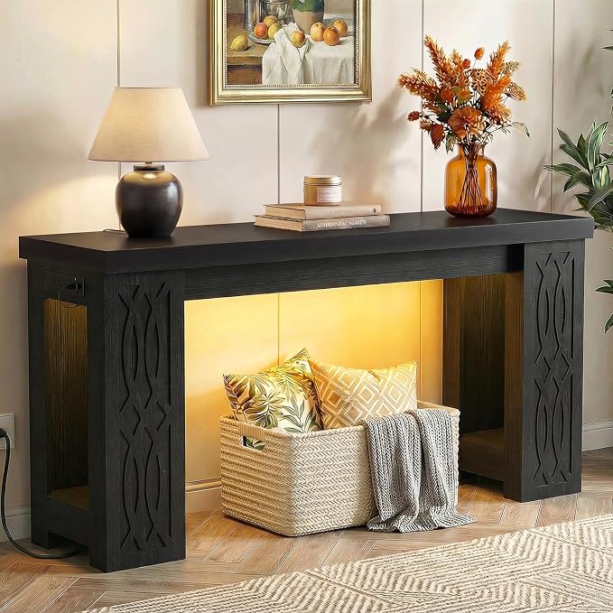 Cyclysio 63" Console Table with Outlet, Farmhouse Entryway Table with Colorful LED Lights, Wooden Sofa Table with Unique Carved Design, Foyer Accent Table for Entrance, Hallway, Living Room