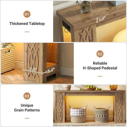 Cyclysio 63" Console Table with Outlet, Farmhouse Entryway Table with Colorful LED Lights, Wooden Sofa Table with Unique Carved Design, Foyer Accent Table for Entrance, Hallway, Living Room Natural