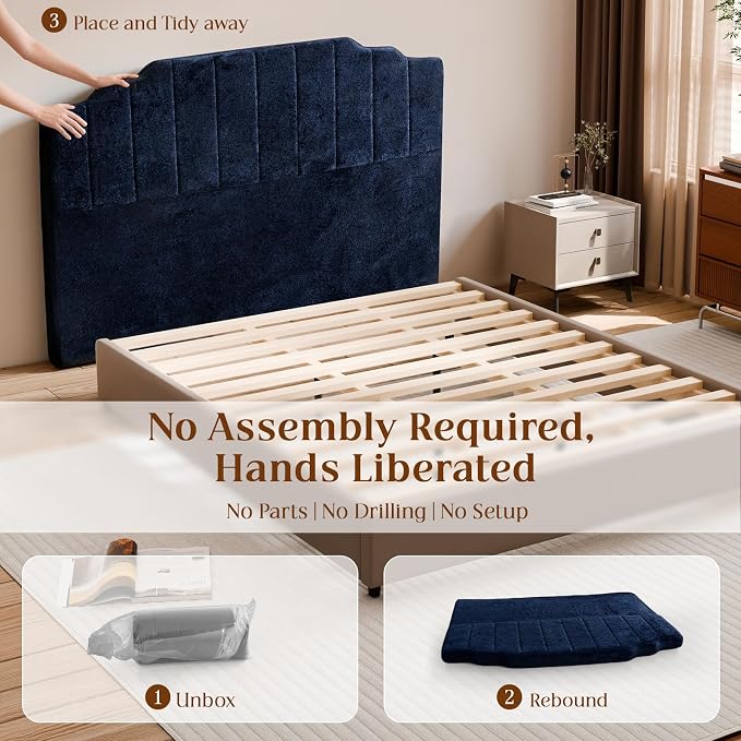 King Headboard Only - Blue Velvet Upholstered Headboard for Bed, No Assembly Required, Pure Sponge Design, Comfort Head Board, Place Between Bed & Wall, Vertical Stripe with Stepped Crown Top Edge