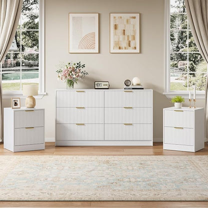6 Drawer Dresser and Nightstand Set 3-Piece, 55” Wide Bedroom Dressers & Night Stand Set of 2 with Metal Handle, Fluted Modern Wood Chest of Drawers Storage Dressers Set for Bedroom, White