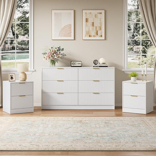 6 Drawer Dresser and Nightstand Set 3-Piece, 55” Wide Bedroom Dressers & Night Stand Set of 2 with Metal Handle, Fluted Modern Wood Chest of Drawers Storage Dressers Set for Bedroom, White