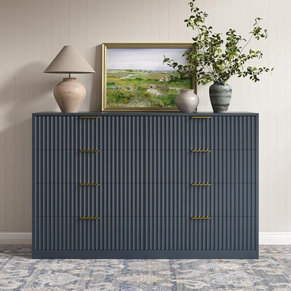 Navy Blue 8 Drawer Dresser for Bedroom, 55" Wide Fluted Chest of Drawers with Gold Metal Handles, Modern Wooden Dresser, Closet Storage Organizer Mid Century TV Stand for Living Room Hallway