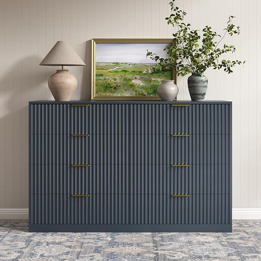 Navy Blue 8 Drawer Dresser for Bedroom, 55" Wide Fluted Chest of Drawers with Gold Metal Handles, Modern Wooden Dresser, Closet Storage Organizer Mid Century TV Stand for Living Room Hallway