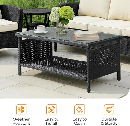 VINGLI Outdoor Wicker CoffeeTable Patio Coffee Tables for Outside, Tempered Glass Top Wicker Table with Storage Coffee Table for Patio Balcony Porch Deck (Black)