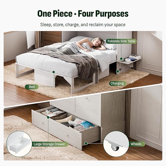 Softa Queen Murphy Bed Cabinet with 6" Tri-Fold Mattress, Storage Drawer & Charging Station, 1200 Lb Heavy Duty Wood Wall Bed with Fold-Down Desk for Guest Room & Home Office, No Box Spring Needed