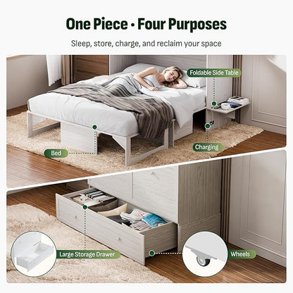 Softa Murphy Bed Queen with Drawer, 1200Lb Support, Fold-Down Side Table & Charging Station, Mattress Storage Space, No Box Spring Needed, Space Saving Murphy Bed Cabinet for Guest Room & Home Office