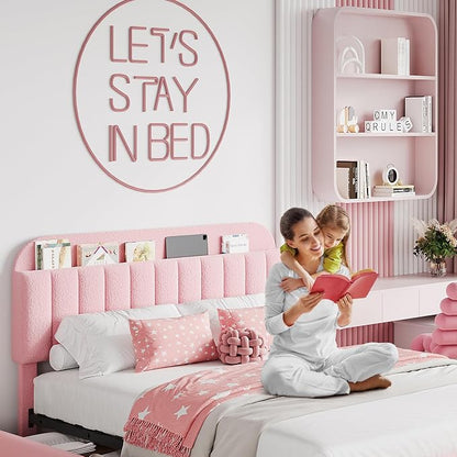 Garvee Full Size Bed Frame with 2 Flexible Drawers, Boucle Upholstered Platform Bed Frame with Bookcase Headboard, Bedframe for Kids/Girls, Easy Assembly, No Box Spring Needed, Noise Free, Pink