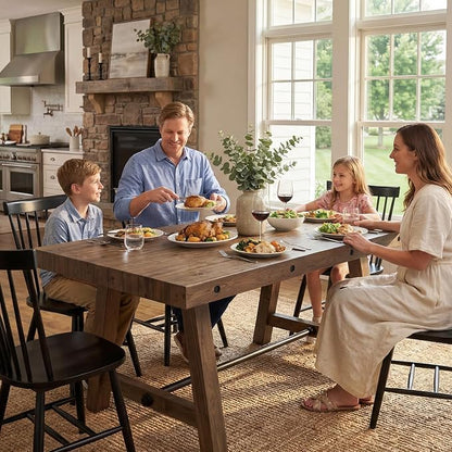 chairus 59'' Farmhouse Dining Table, Solid Wood Rustic Kitchen Table with Metal Stretcher, Large Rectangular Wooden Dining Room Table for Living Room/Home Office, Easy Assembly, Walnut