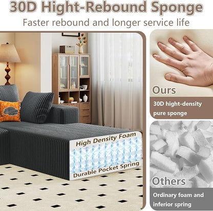 95" Cloud Sectional Couch with L-Shape Chaise, Modular Comfy Sofa Chaise Longue, Upholstered Corduroy Couches Sleeper with Deep Seat for Living Room Bedroom, No Assembly Required(Grey, Right Facing)