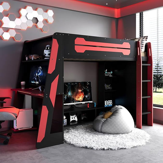 Merax Twin Size Loft Bed with Desk, Multi-Storage Shelves and RGB Light | Space-Saving Wooden Gaming Bed Frame with Charging Station and Guardrail