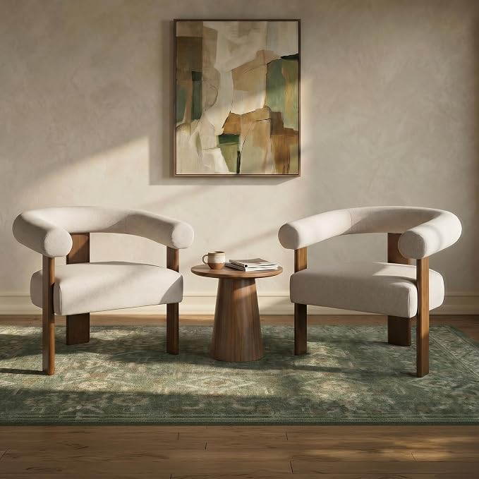 VKNOW Accent Chairs Set of 2, Living Room Chairs with Walnut Legs, Khaki | Mohair-type Fabric, Barrel Back, Armrests, For Adults and Family, Living Room, Bedroom, Vanity, No Wobble, Easy Assembly