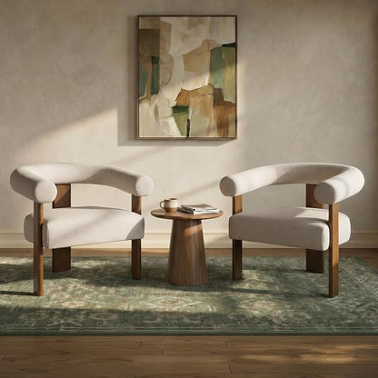 VKNOW Accent Chairs Set of 2, Living Room Chairs with Walnut Legs, Khaki | Mohair-type Fabric, Barrel Back, Armrests, For Adults and Family, Living Room, Bedroom, Vanity, No Wobble, Easy Assembly