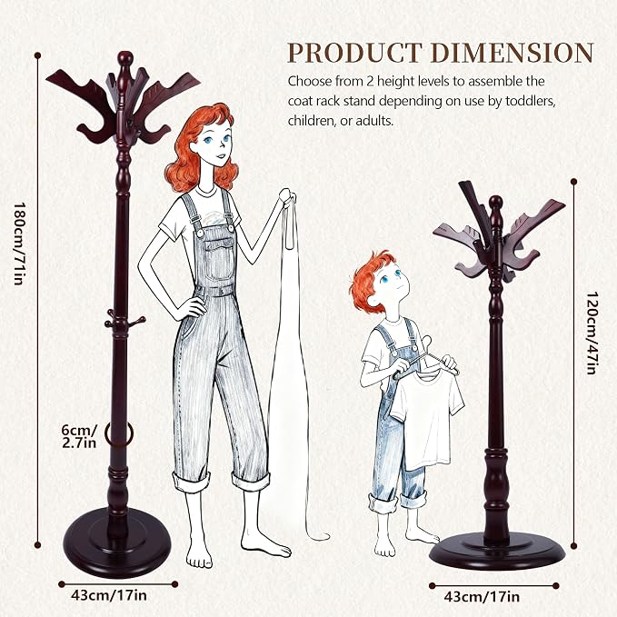 Wooden Coat Rack Free standing, Vintage Coat Rack Stand for Entryway, Adjustable Height 73", Heavy Duty Coat Tree with Solid Round Base for Home Bedroom, Office (Hummingbird)