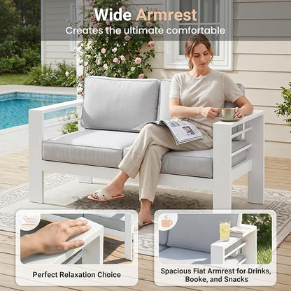 Solaste Aluminum Outdoor Loveseat with Coffee Table,2 PCS Patio Furniture Set with Cushions, All-Weather Outdoor Patio Sofa Sets for Balcony, Deck, Backyard, Porch, Garden, White