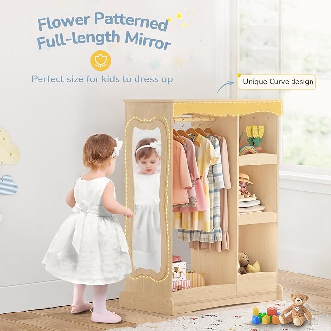 Curipeer Kids Dress Up Storage with Flower Mirror, Open Hanging Closet Wardrobe for Children, Kids Armoire & Costume Organizer for Bedroom Playroom Preschools Classroom, Wood Color