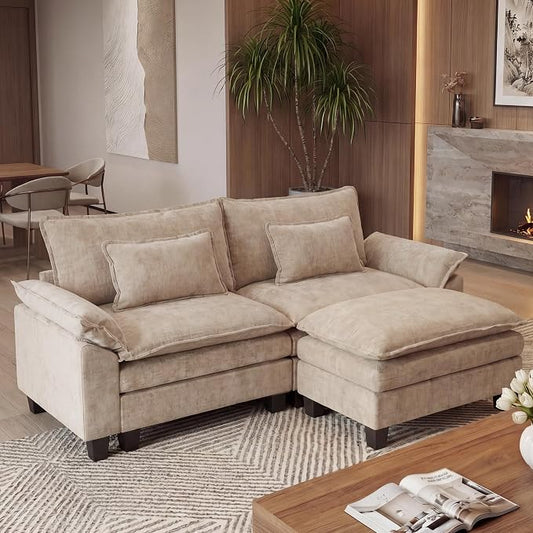 URRED Oversized Modular Sectional Sofa, 87" L Shaped Modern Comfy Cloud Couch with Movable Ottoman & Pillows, Deep Seat Couches for Living Room, Bedroom or Apartment (Chenille Khaki, 87" L Shaped)