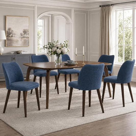 COLAMY Dining Chairs Set of 6, Upholstered Leather Kitchen Chairs with Curved Back, Padded Seat and Solid Wood Legs, Modern Dining Chair for Kitchen Dining Room, Blue