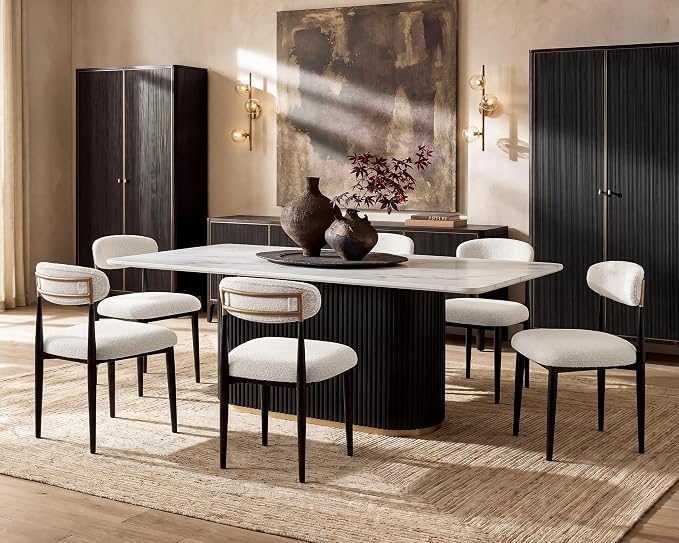 Morden Fort Marble Dining Table Set for 6, 70" Kitchen Table with White Rectangle Top and Black Fluted Base, 6 Modern Upholstered Chairs for Dining Room, Restaurant and Reception