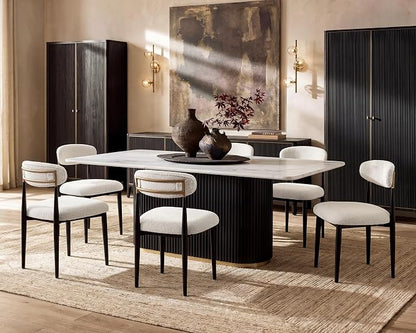 Morden Fort Marble Dining Table Set for 6, 70" Kitchen Table with White Rectangle Top and Black Fluted Base, 6 Modern Upholstered Chairs for Dining Room, Restaurant and Reception