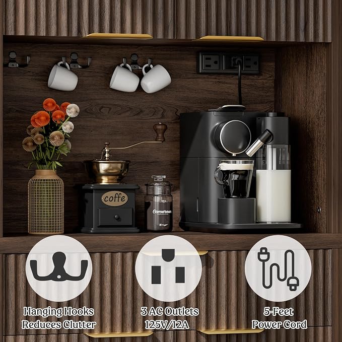 Lulive 71" Fluted Pantry Cabinet with Charging Station, Brown | Adjustable Shelves, Open Countertop, Drawer, Spacious Kitchen Storage