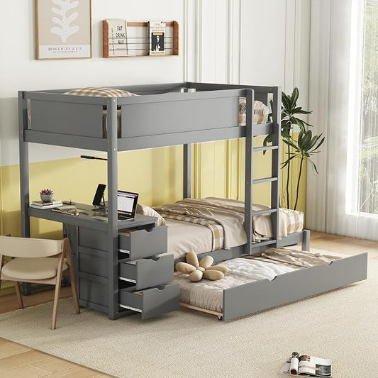 Harper & Bright Designs Twin Over Twin Bunk Bed Twin Size Trundle, Wood Twin Bunk Bed with USB Ports, Storage and Desk, Gray
