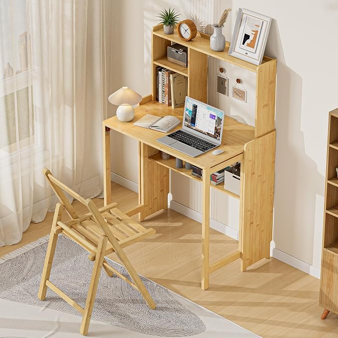 Bamboo Folding Desk with Bookshelf, Compact Computer Desk with Hutch for Small Spaces, Foldable Desk with Storage Shelf, Space-Saving Home Office Desk for Bedroom, Dorm, Apartment,Natural
