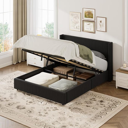 Garvee Queen Lift Up Storage Bed Frame, Corduroy Upholstered Platform Bed with Gas Lift, Padded Headboard, Wooden Slat Support, No Box Spring Needed, Easy Assembly, Black