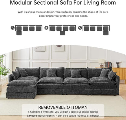 Modular Sectional Sofa, 147.2 Inch L Shaped Couch Set with Armrests, 4-Seater Comfy Cloud Couches with Movable Ottoman for Living Room Apartment, Grey