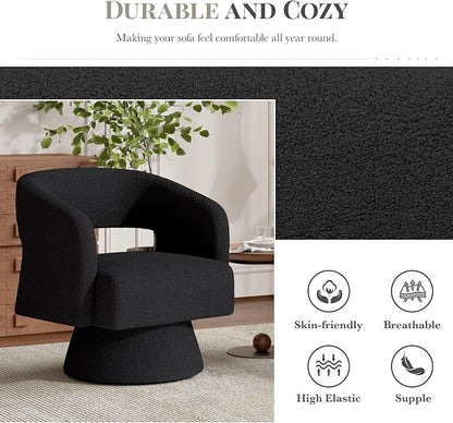 Luxanimarion Swivel Barrel Accent Chair,Oversized Teddy Upholstered Round Swivel Chair,Modern Luxury 360 Degree Living Room Vanity Chair for Bedroom Office,Black,1PCS