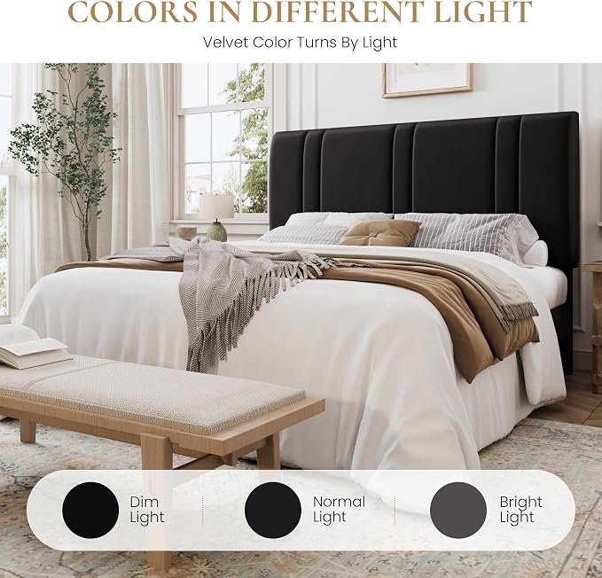 SHA CERLIN Queen Size Platform Bed Frame, Velvet Upholstered Bed with Adjustable Headboard, Vertical Channel Tufted Design, Sturdy Wood Slat Support, No Box Spring Needed, Easy Assembly, Black