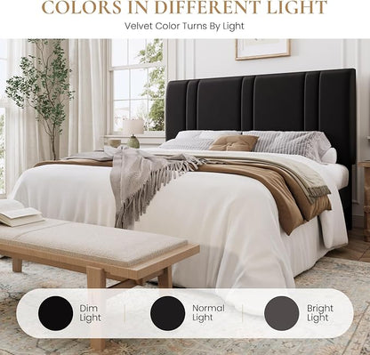 SHA CERLIN Queen Size Platform Bed Frame, Velvet Upholstered Bed with Adjustable Headboard, Vertical Channel Tufted Design, Sturdy Wood Slat Support, No Box Spring Needed, Easy Assembly, Black