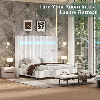 Jocisland Queen Bed Frame Faux-Fur Upholstered 60" Tall Headboard, White | Wingback Headboard, LED lights,USB Charging, Noise-free, No box spring needed, easy assembly, for Couples & Guest Room