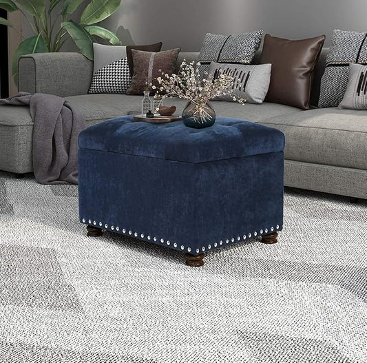 Joveco 24" Ottoman with Storage for Living Room Rectangular Fabric Tufted Bench Footrest (Dark Blue)
