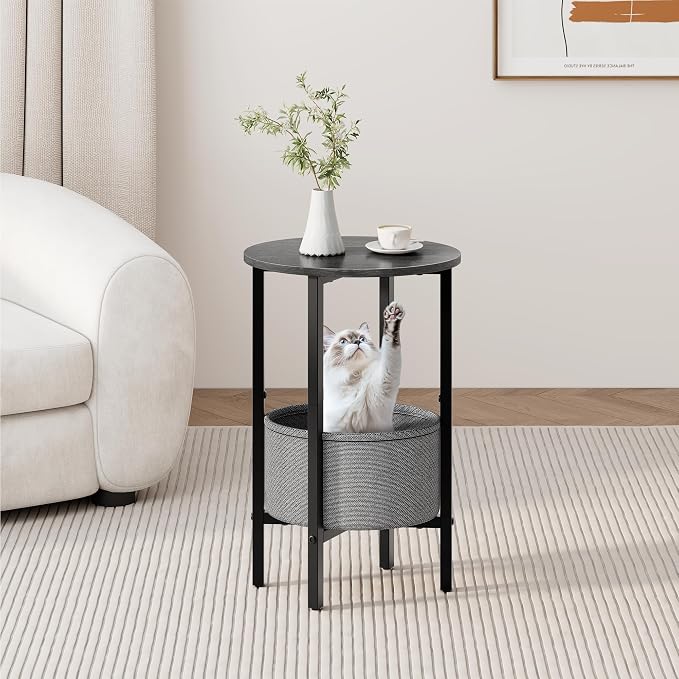 Vagusicc Round Side Table End Table with Storage Basket, Small Side Table Round Nightstand for Small Spaces, Tall Oval End Table with Steel Frame, Coffee Bedside Table for Living Room, Gray Walnut