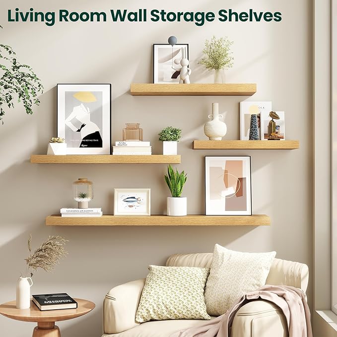 Floating Shelves for Wall, 48 Inch x 8 Inch Deep Wall Mounted Wood Shelf with Invisible Brackets for Storage & Display, Living Room Bedroom Kitchen, Oak, Set of 2