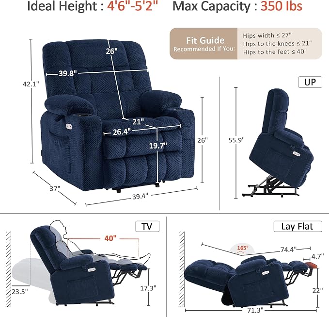 MCombo Small Dual Motor Power Lift Recliner Chair for Elderly, Zero Gravity Lift Chair with Heat and Massage, Lay Flat Recliner for Petite, USB Ports, Fabric R7894 (Small-Wide, Navy Blue)
