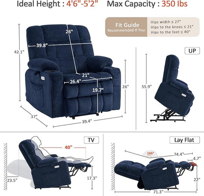 MCombo Small Dual Motor Power Lift Recliner Chair for Elderly, Zero Gravity Lift Chair with Heat and Massage, Lay Flat Recliner for Petite, USB Ports, Fabric R7894 (Small-Wide, Navy Blue)