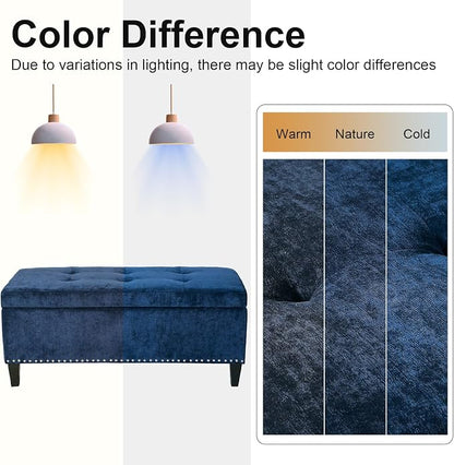 Asense 41" Storage Ottoman Bench, Faux Leather Tufted Upholstered End of Bed Bench with Safety Hinge for Bedroom,Entryway,Living Room,Drak Blue