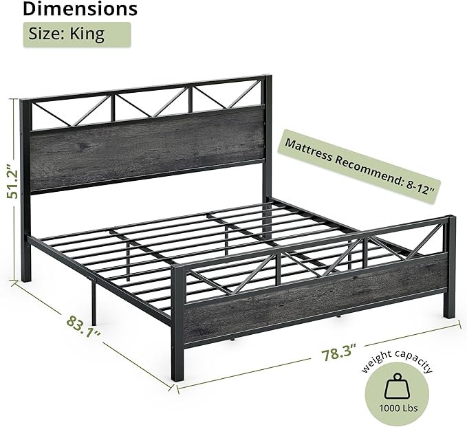 LIKIMIO King Bed Frame, Tall Industrial Headboard 51.2 ", Platform Bed Frame with Strong Metal Support, Solid and Stable, Noise Free, No Box Spring Needed, Easy Assembly, Charcoal Grey