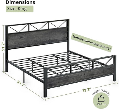 LIKIMIO King Bed Frame, Tall Industrial Headboard 51.2 ", Platform Bed Frame with Strong Metal Support, Solid and Stable, Noise Free, No Box Spring Needed, Easy Assembly, Charcoal Grey